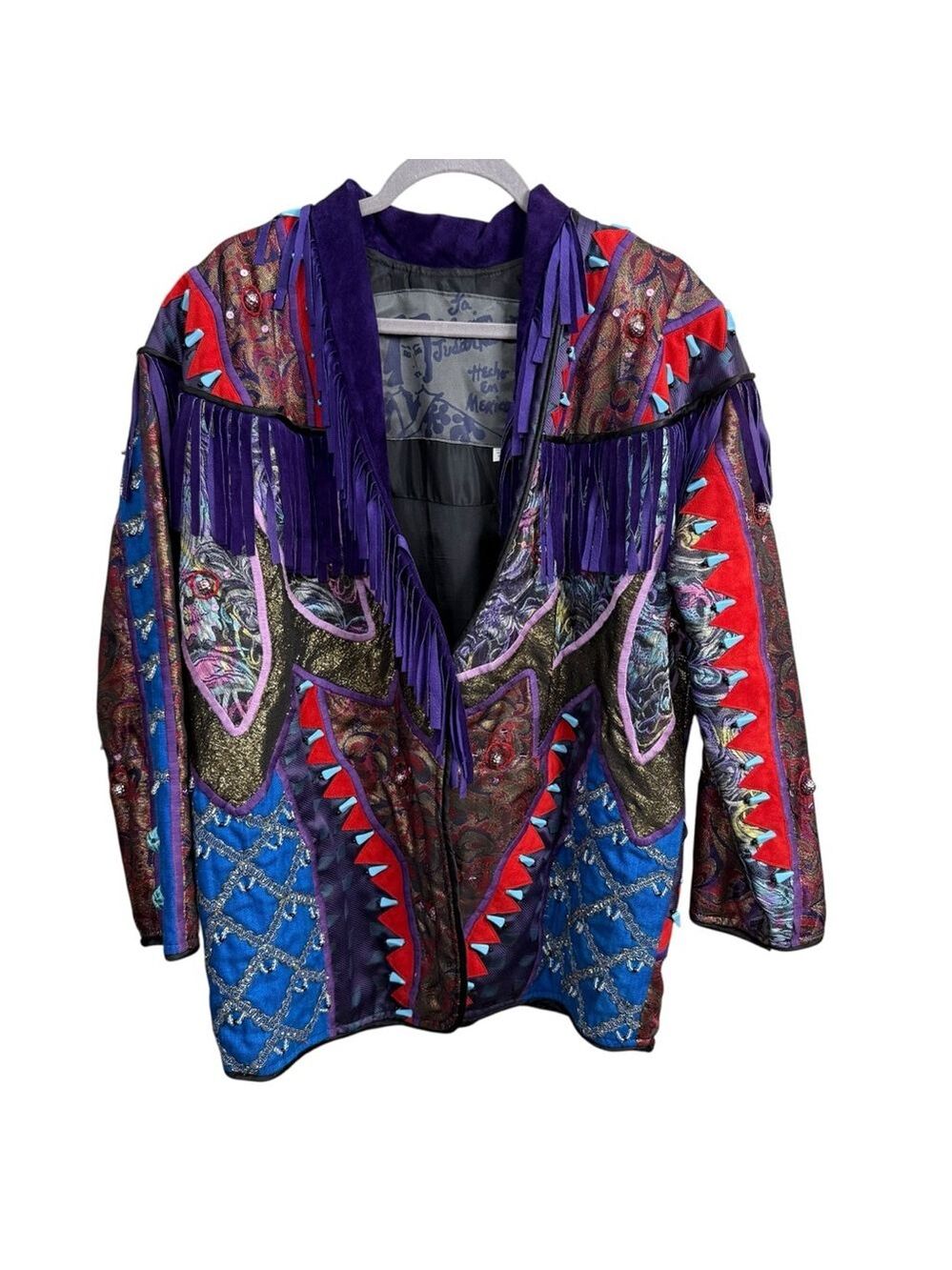 Vintage Judith Roberts Mexico Patchwork Fringe Jacket Beaded Western L/XL - Picture 6 of 16
